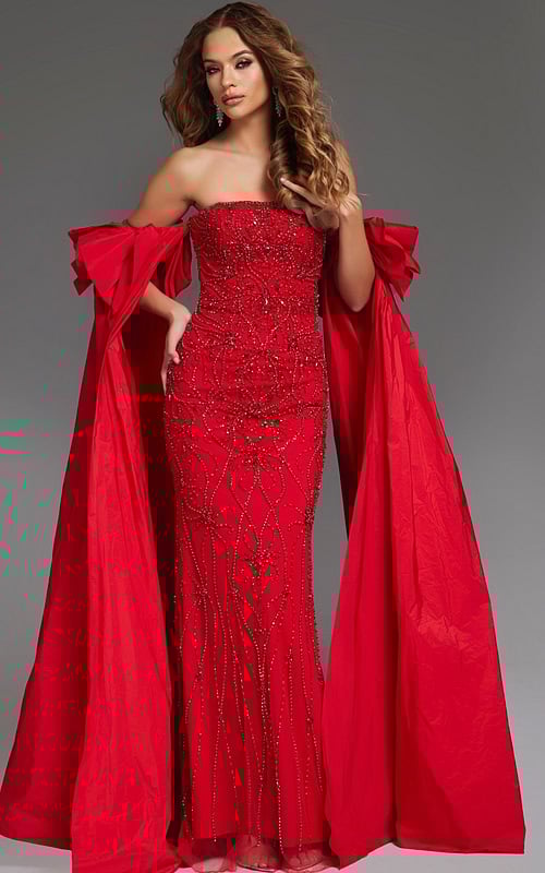 Model wearing Jovani 39377 front view with red gown, strapless, embellished bodice, and detachable cape.