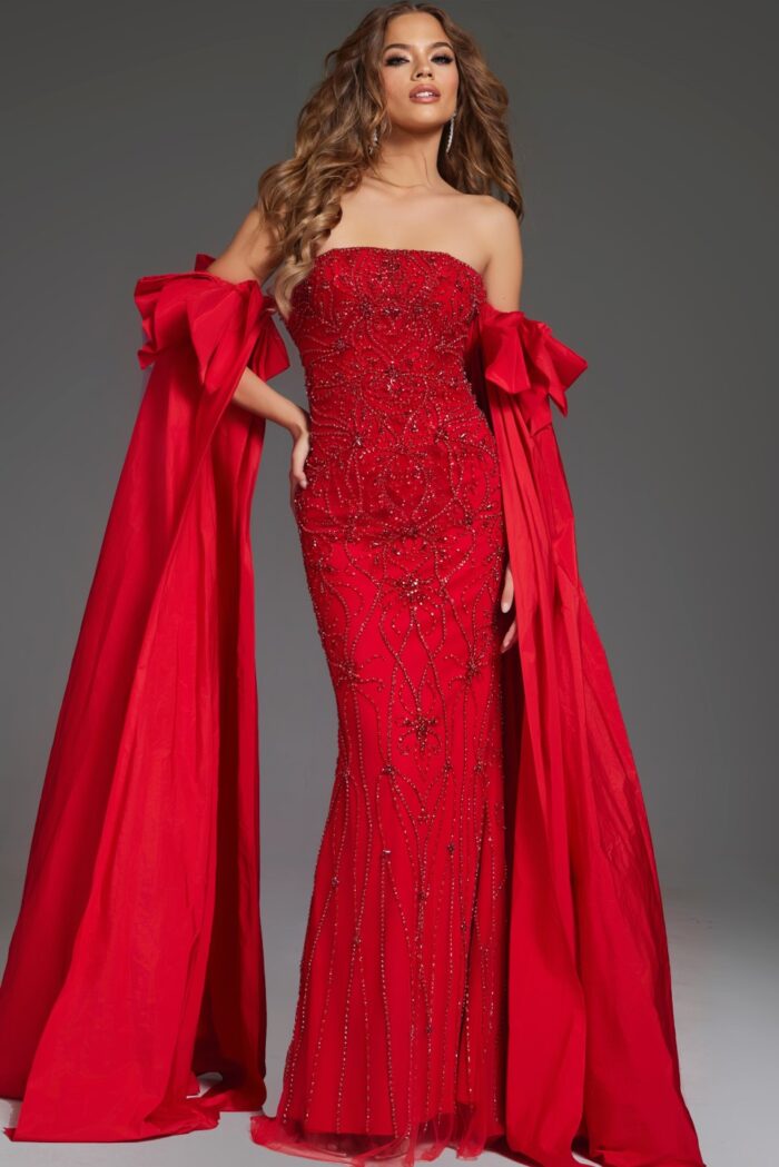 Model wearing Jovani 39377 front view featuring elegant strapless red gown with intricate beadwork.
