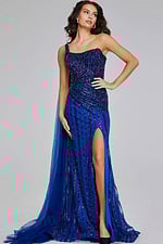 model in Jovani 39386 navy gown showing detailed beading and high slit