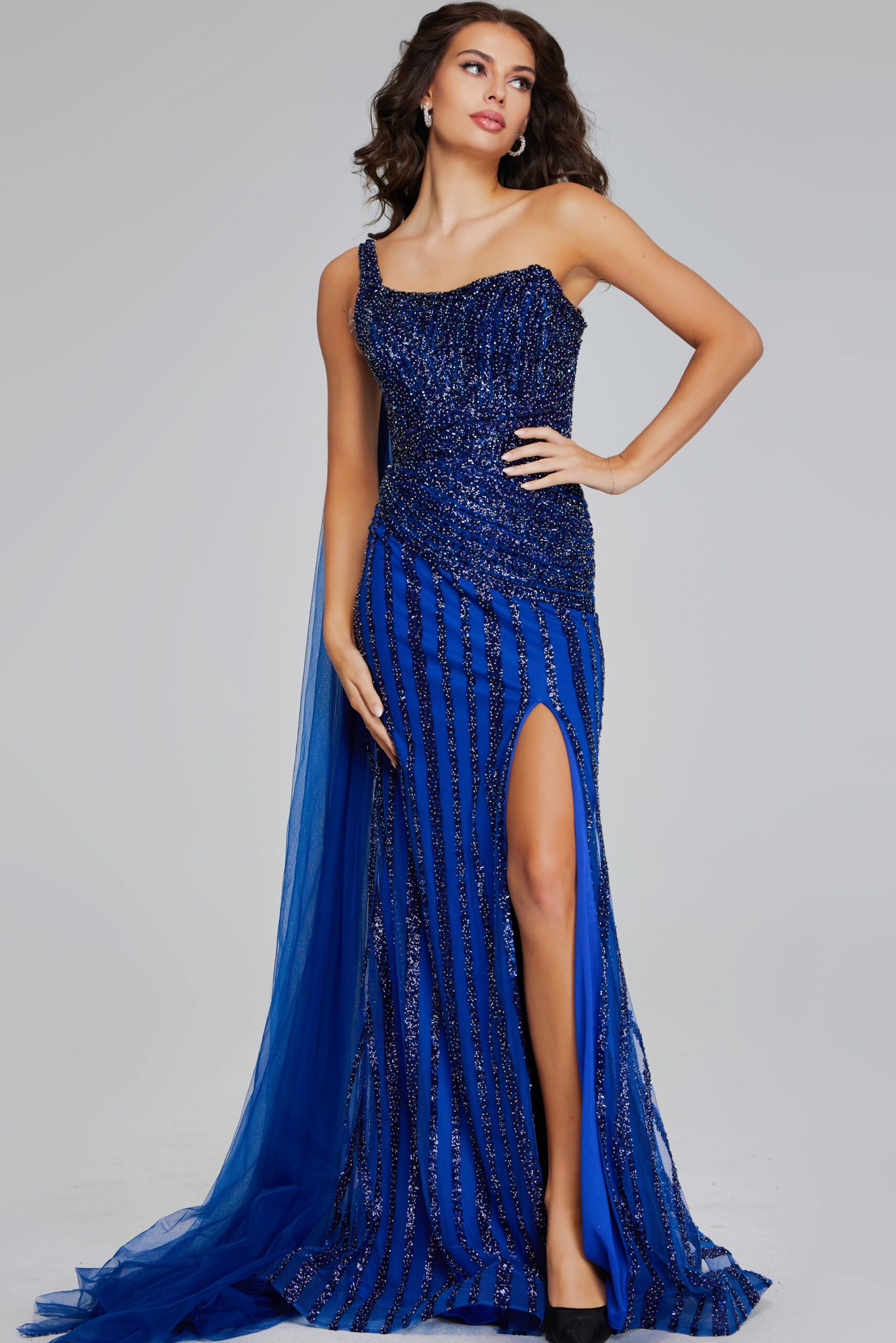 One-Shoulder Navy Gown with Beaded Details and Slit 39386