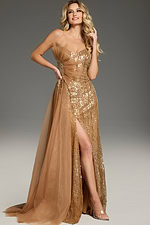 elegant 39387 brown evening gown with sequins and slit