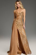 model wearing brown gown with sequin details 39387