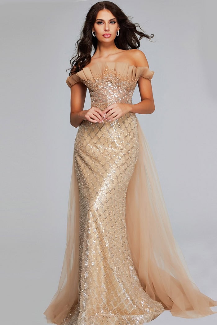gold off the shoulder cocktail dress Off-Shoulder Gold maternity dinner dress with Bling Glitter, Sweep Train, Side Split, and Long Sleeves