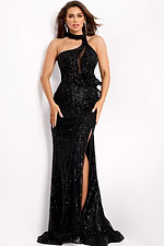 Model wearing a black halter sequin gown with thigh-high slit 39390