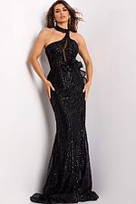 Fitted black formal dress with sheer back and floral waist detailing