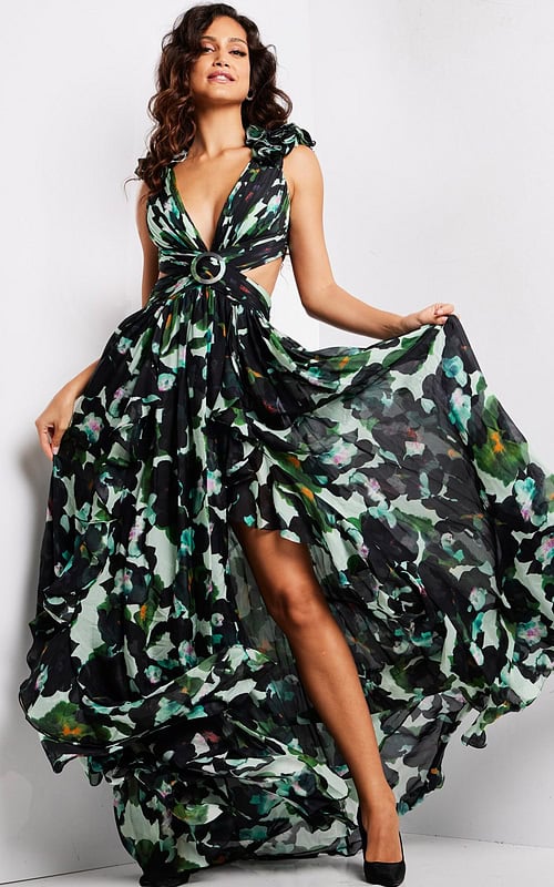 Model wearing Jovani 39420 floral dress front view