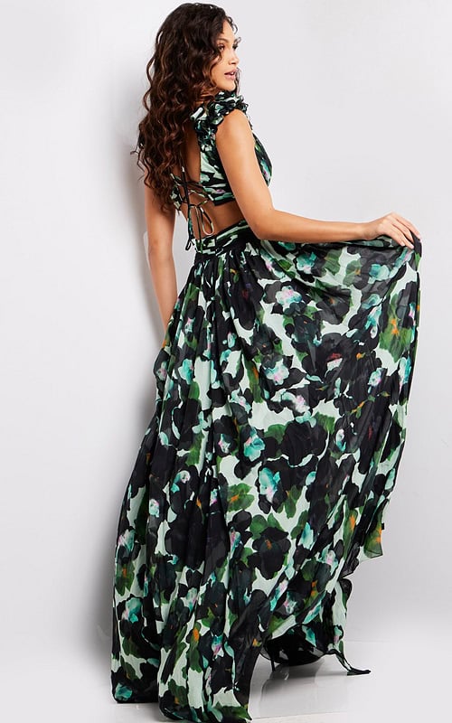 Model wearing Jovani 39420 multi dress back view
