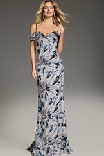 model wearing Jovani 39425 full-length gown with floral pattern in silver