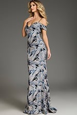 side view of model in Jovani 39425 silver gown highlighting floral design