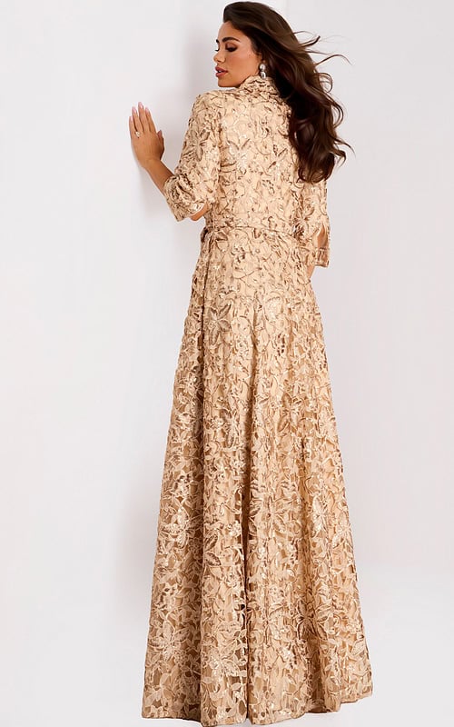 Embroidered A-Line Evening Gown With Shirt Collar 39426