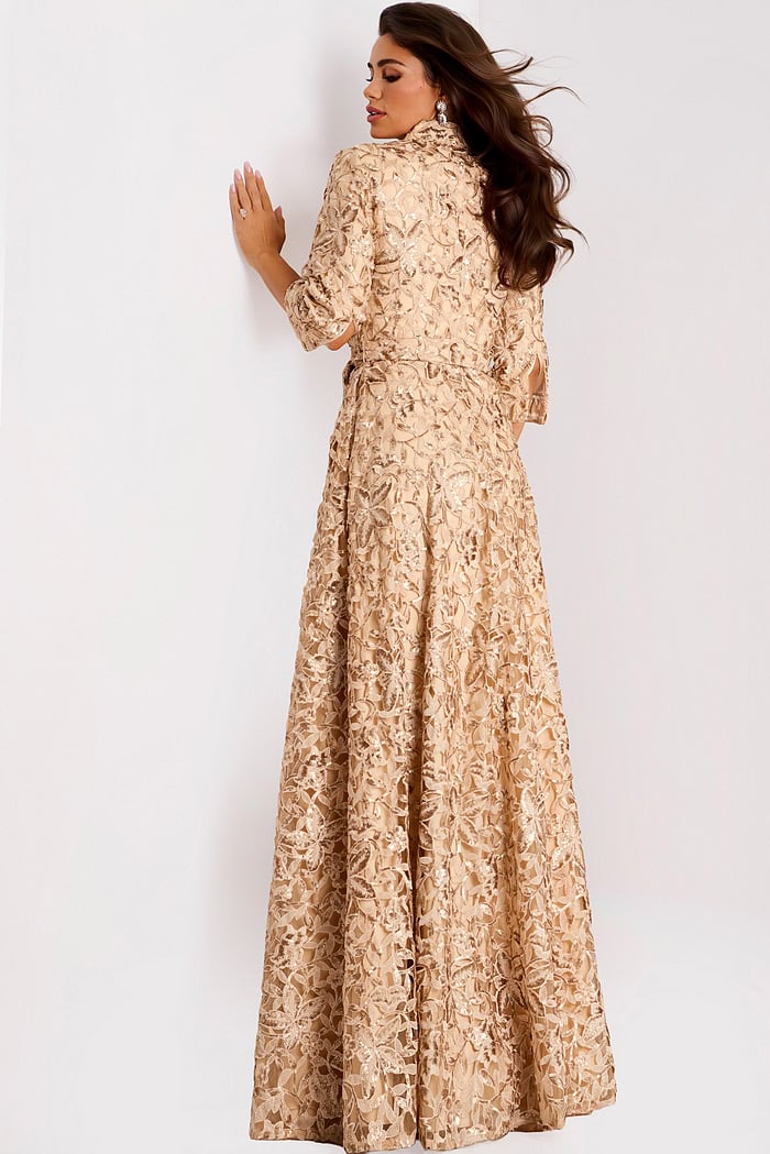 Embroidered A-Line Evening Gown With Shirt Collar 39426