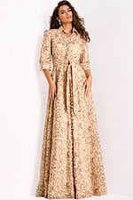 Champagne embroidered evening gown with collar and belt