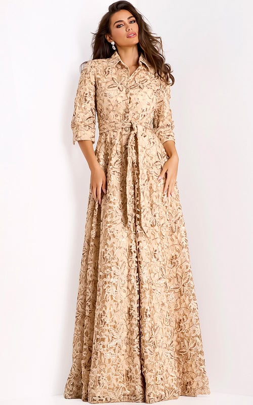 Champagne embroidered evening gown with collar and belt
