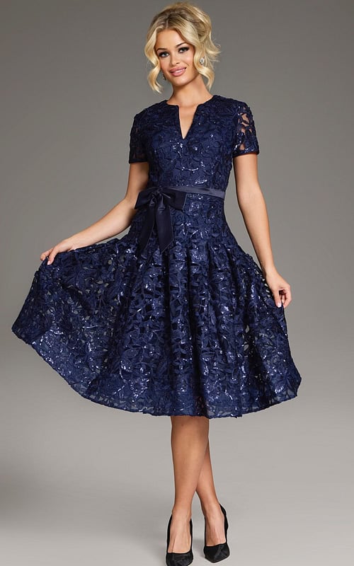 model wearing Jovani 39427 navy dress front view