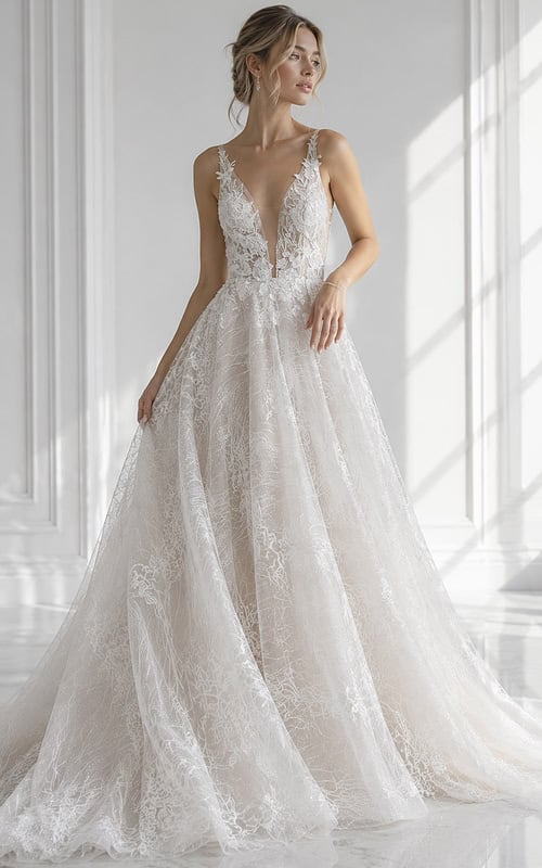 Sleeveless plunging illusion floral lace A-line bridal gown with fitted corset bodice and soft flowing tulle skirt
