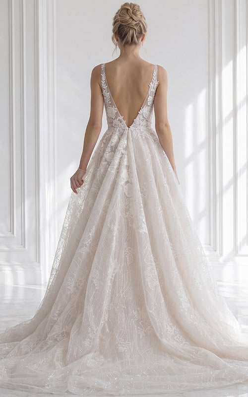 Backless spaghetti strap floral lace bridal gown with fitted silhouette and button detail back closure