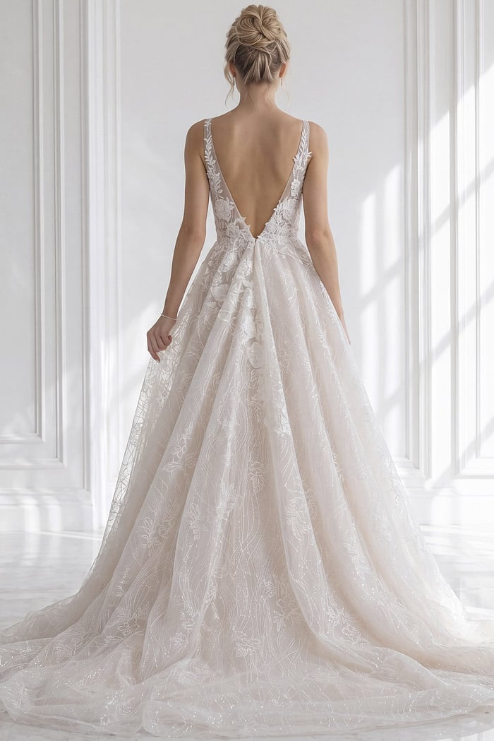 Backless spaghetti strap floral lace bridal gown with fitted silhouette and button detail back closure