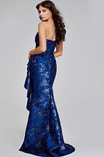 Back view of Jovani 39438 navy dress with floor-length mermaid silhouette.