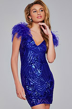 Model wearing Jovani 39448 royal blue dress with deep V-neckline and feathered details, front view.