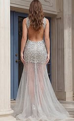 Back view of Jovani 39502 silver crystal embellished pageant gown featuring an open back, dense rhinestone beading on the bodice, and sheer tulle skirt with scattered crystal accents.