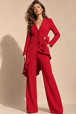 red blazer style floor-length dress with deep V-neck, asymmetric ruffled bow, and high-low hem