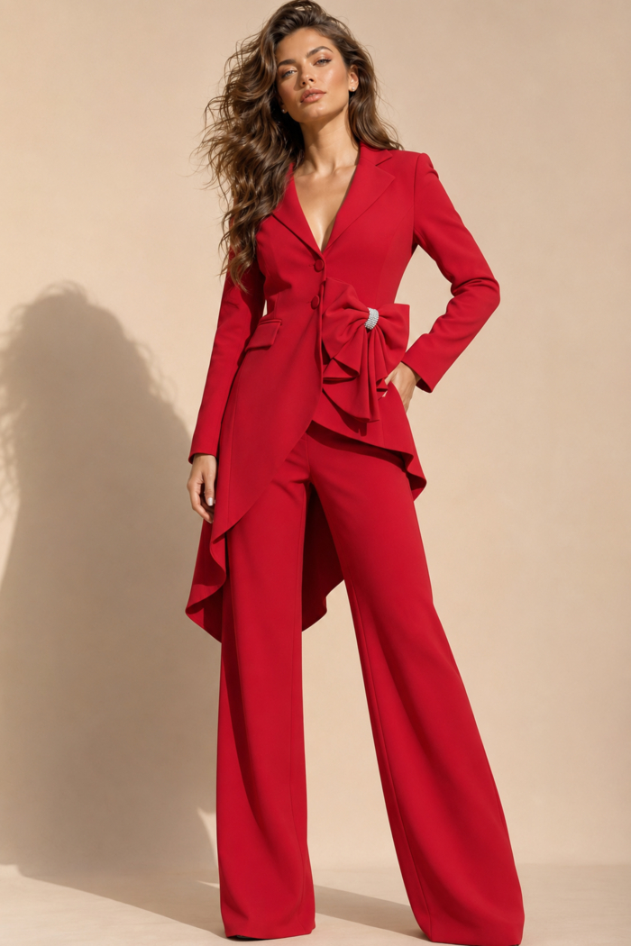 red blazer style floor-length dress with deep V-neck, asymmetric ruffled bow, and high-low hem