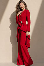 front view of red blazer style floor-length dress with deep V-neck, asymmetric ruffled bow, and high-low hem