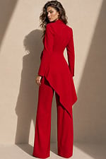 alternate view of red blazer style floor-length dress with deep V-neck, asymmetric ruffled bow, and high-low hem