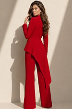back view of red blazer style floor-length dress with deep V-neck, asymmetric ruffled bow, and high-low hem
