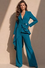 teal A-line floor-length dress with deep V-neck, asymmetrical hem, and rhinestone bow detail