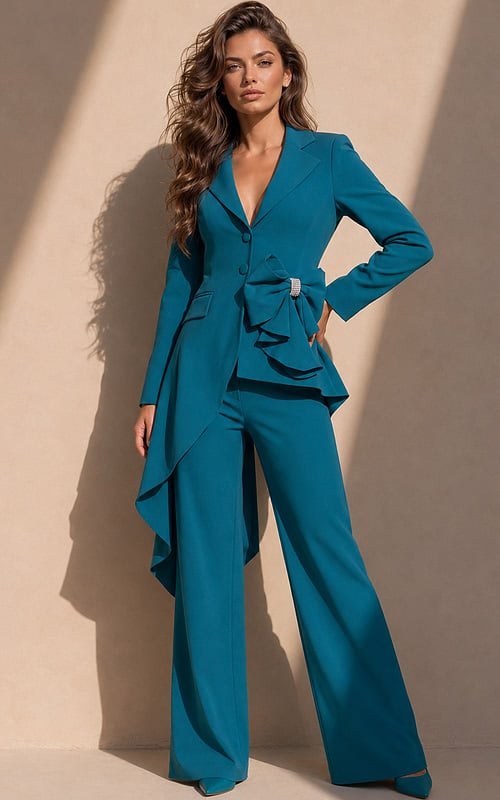 teal A-line floor-length dress with deep V-neck, asymmetrical hem, and rhinestone bow detail