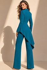 back view of teal fit-and-flare high-low dress with deep V-neck and embellished side bow