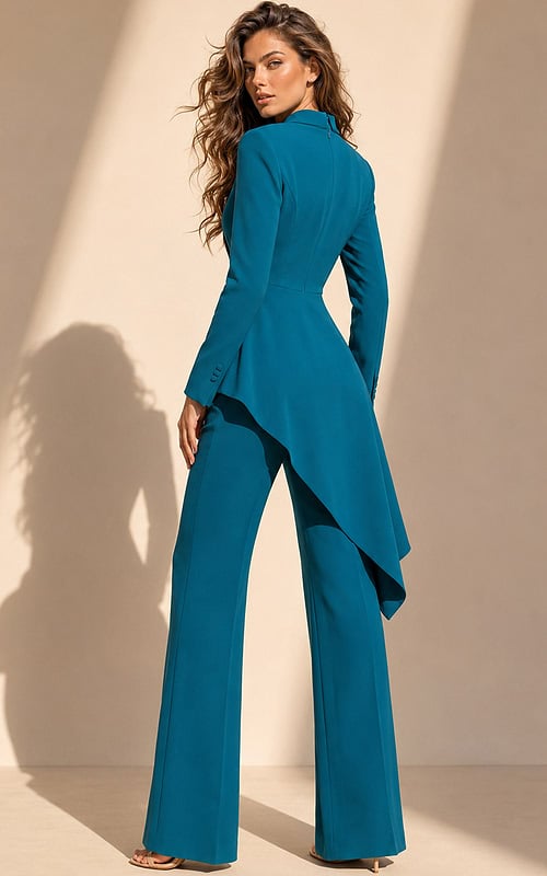 back view of teal fit-and-flare high-low dress with deep V-neck and embellished side bow