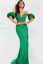 Green off-shoulder evening gown with puff sleeves and slit