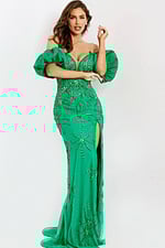Beaded green gown featuring sweetheart neckline and embellishments
