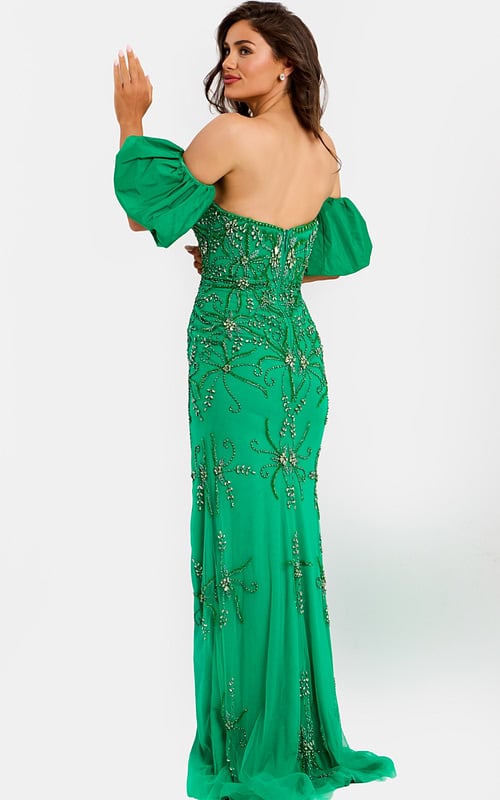 Bold green evening dress with sweetheart neckline and open back