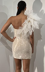 Designer sequin mini dress with bold ruffle shoulder detail