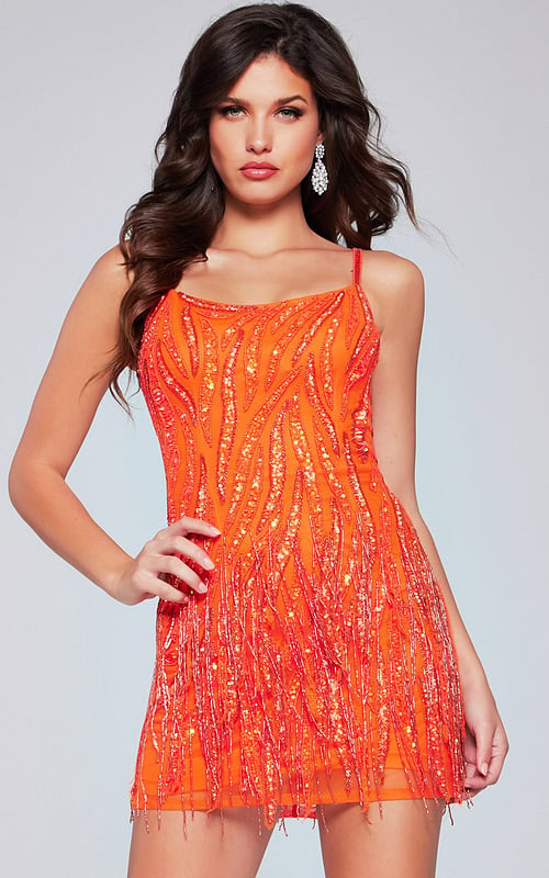 Model wearing Jovani 39628 orange mini dress, front view