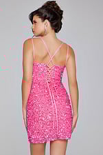 model showing back of pink Jovani 39630 dress with lace-up detail