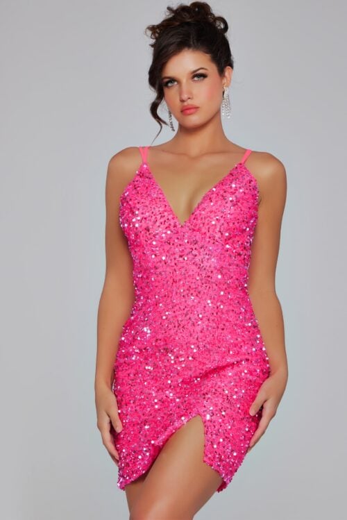 Short Hot Pink Sequin Jovani Homecoming Dress main image 0