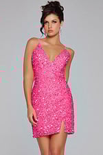 full view of model wearing pink Jovani 39630 cocktail dress with V-neckline and sequins