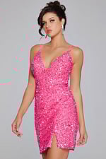 model in pink Jovani 39630 sequin dress, front view