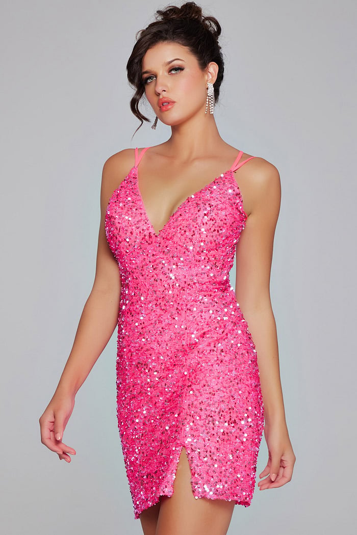 model in pink Jovani 39630 sequin dress, front view