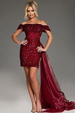 Model wearing Jovani 39632 in Burgundy, front view showing off-the-shoulder dress.