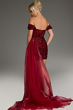 Back view of model wearing Jovani 39632 in Burgundy, highlighting flowing train.