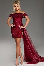 Model wearing Jovani 39632 in Burgundy, showcasing stylish mini dress.