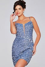 Model showcasing Jovani 39635 blue sequin dress with glamorous V-neck.