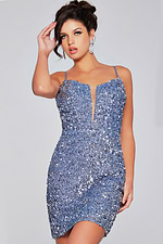 Model wearing Jovani 39635 blue sequin cocktail dress with V-neckline.