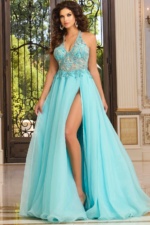 Halter A-Line Gown with Sheer Beaded Bodice and High Slit