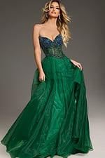 Model wearing Jovani 39650 green dress with sweetheart neckline and beaded bodice, front view.